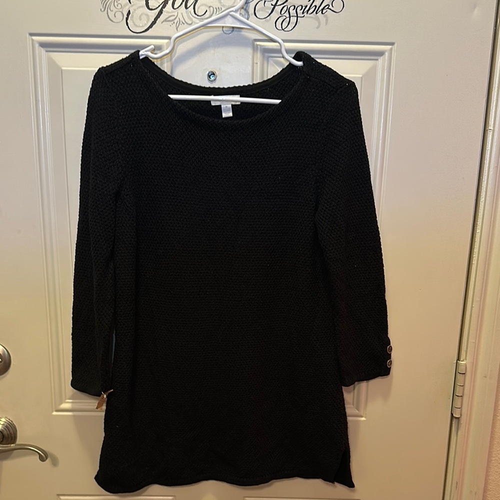Charter Club Sweater Womens Medium Black Waffle Knit Pullover‎ Button Cuff